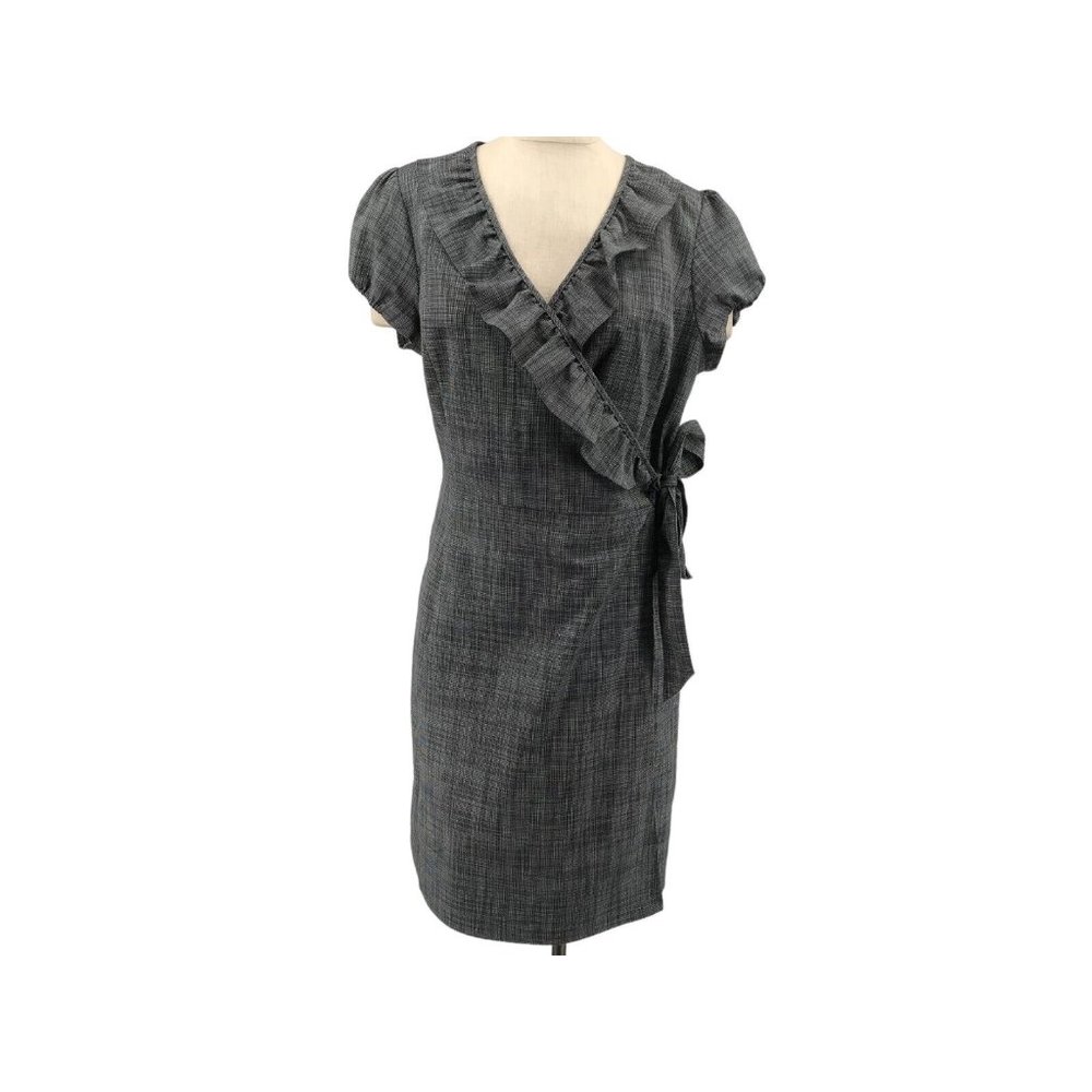 The Limited Womens Dress Wrap Black tweed short sleeve ruffle pocket size 14